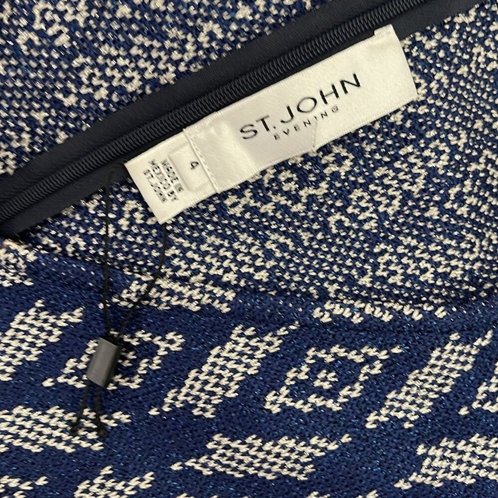 St. John Evening Diamond Jacquard Knit Maxi Dress Navy Blue Silver Long Sleeve 4 - Picture 3 of 14